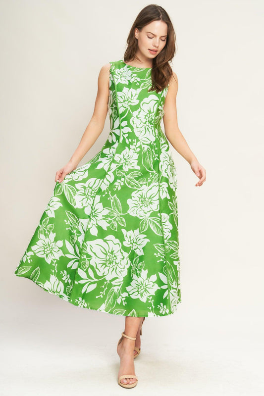 Garden Goddess Woven Midi Dress in green white, view 2 — Soul Flow Apparel