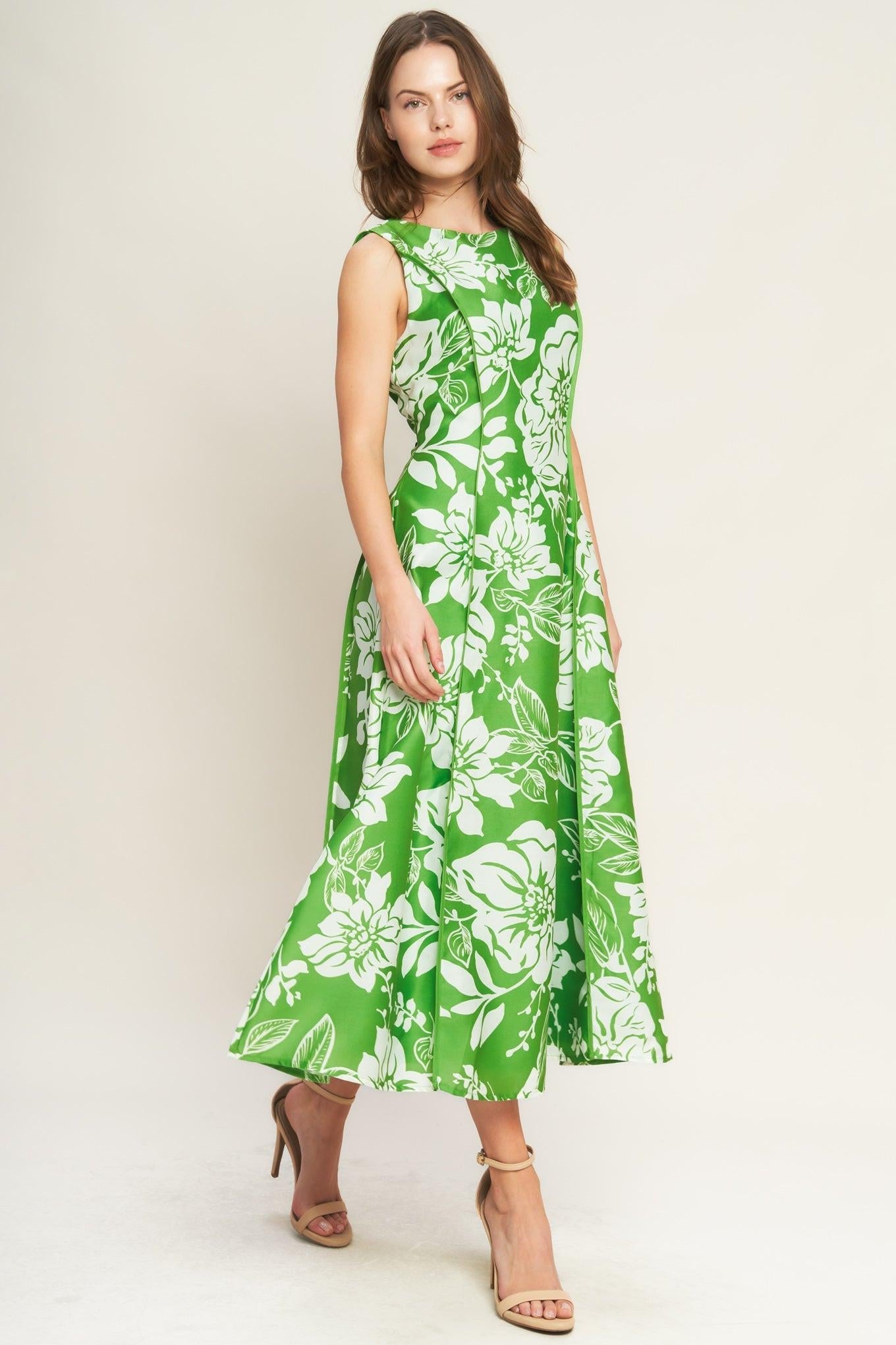 Garden Goddess Woven Midi Dress in green white, view 3 — Soul Flow Apparel