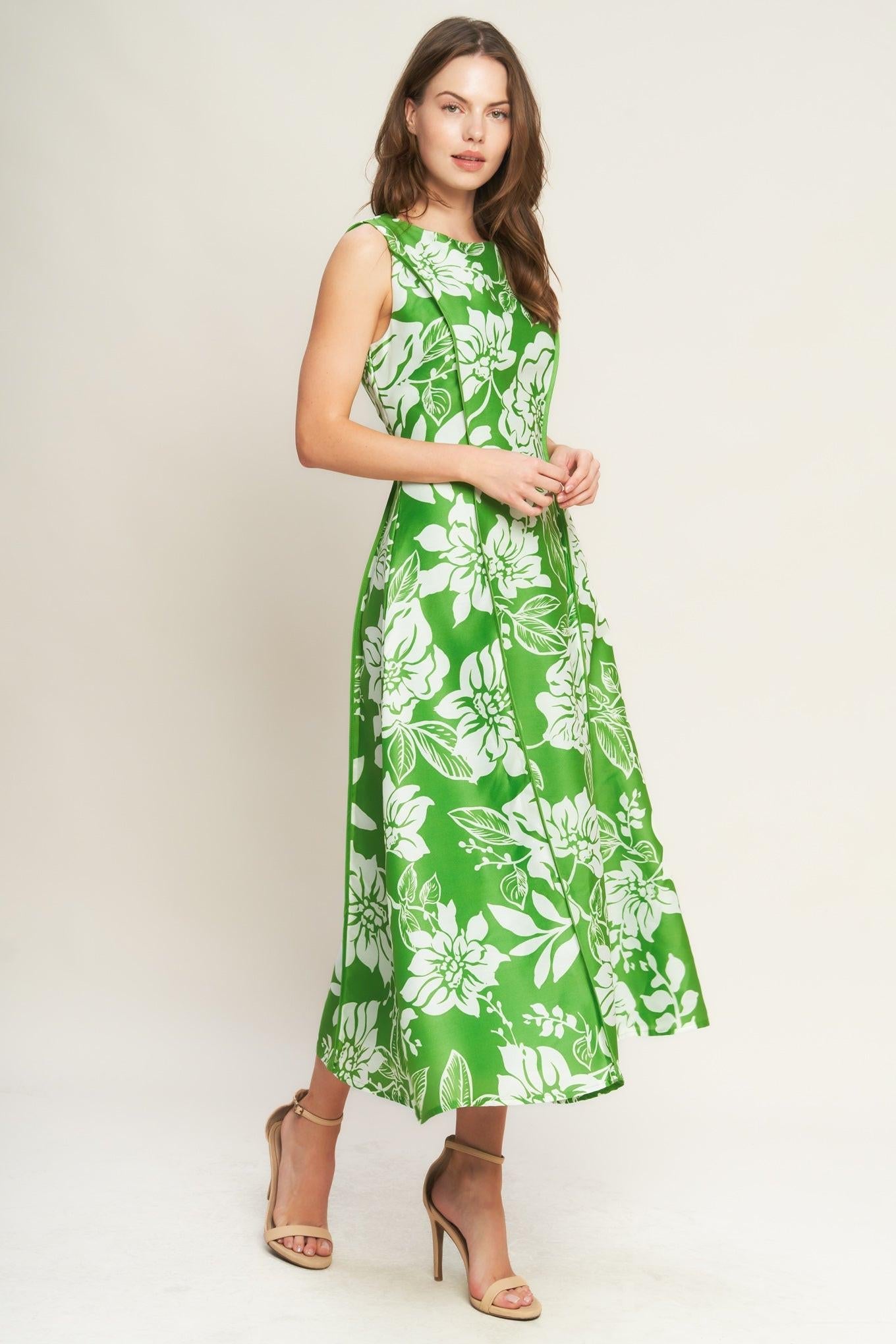 Garden Goddess Woven Midi Dress in green white, view 5 — Soul Flow Apparel