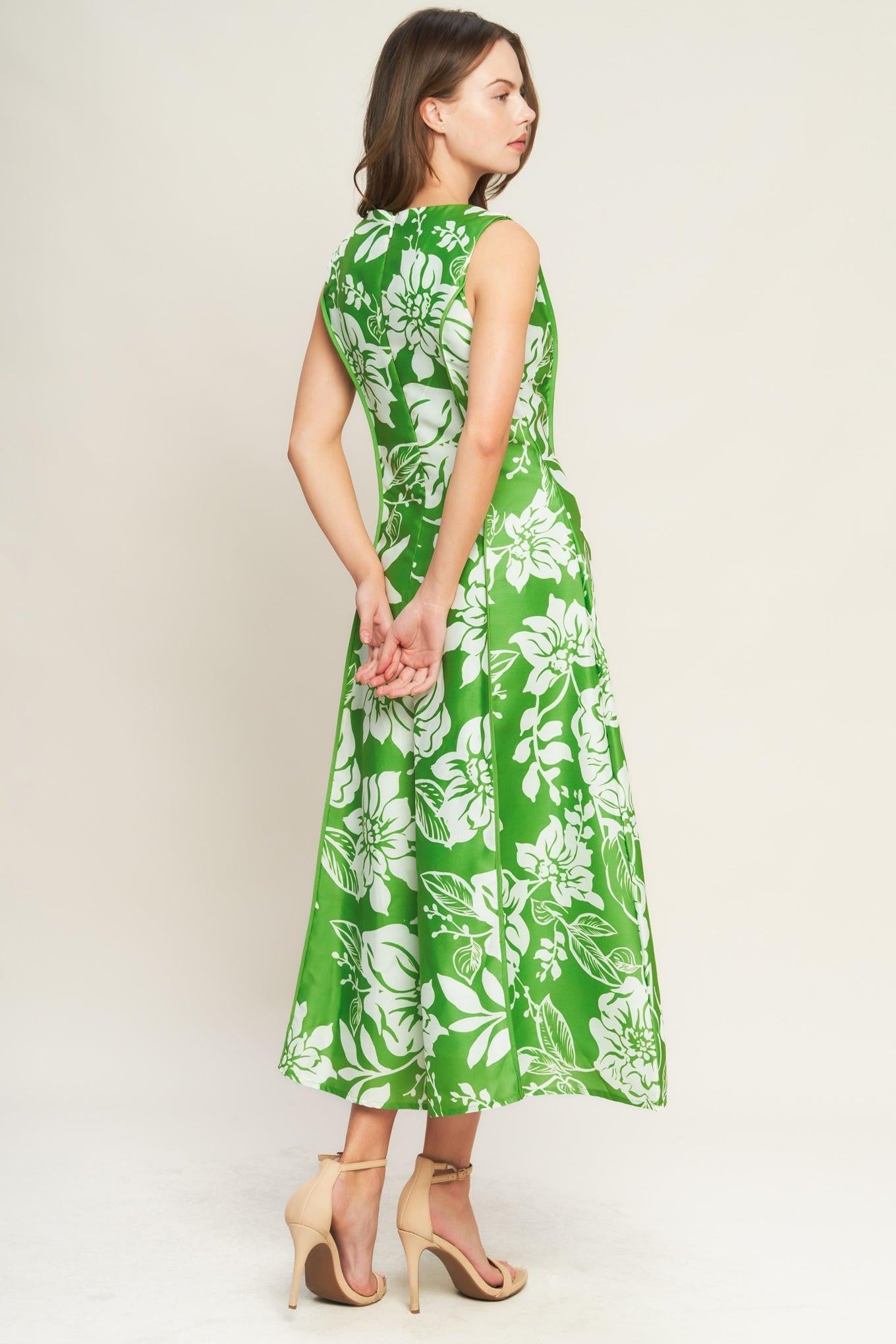 Garden Goddess Woven Midi Dress in green white, view 6 — Soul Flow Apparel