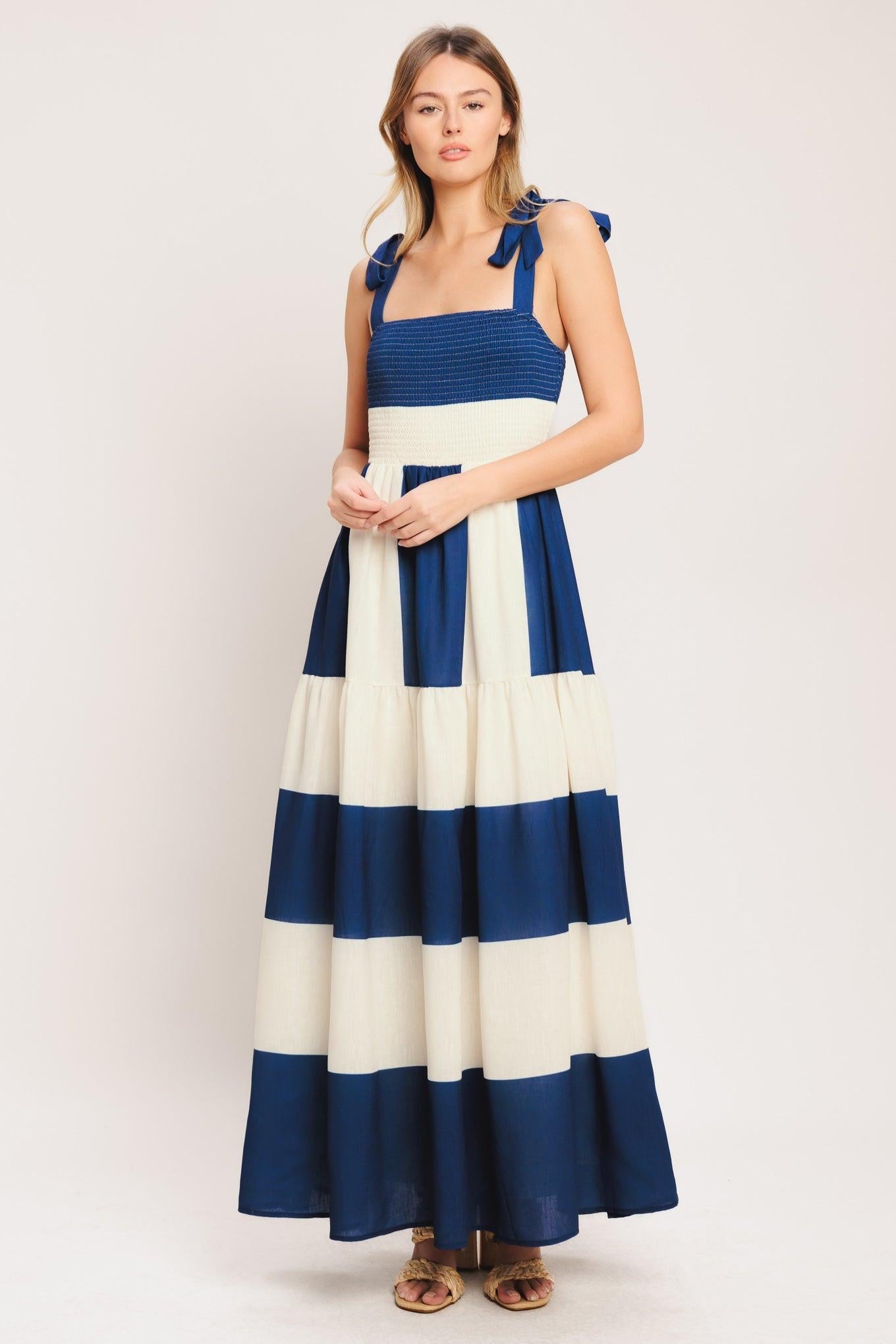 Weekend Coast Woven Maxi Dress in off-white blue, view 1 — Soul Flow Apparel