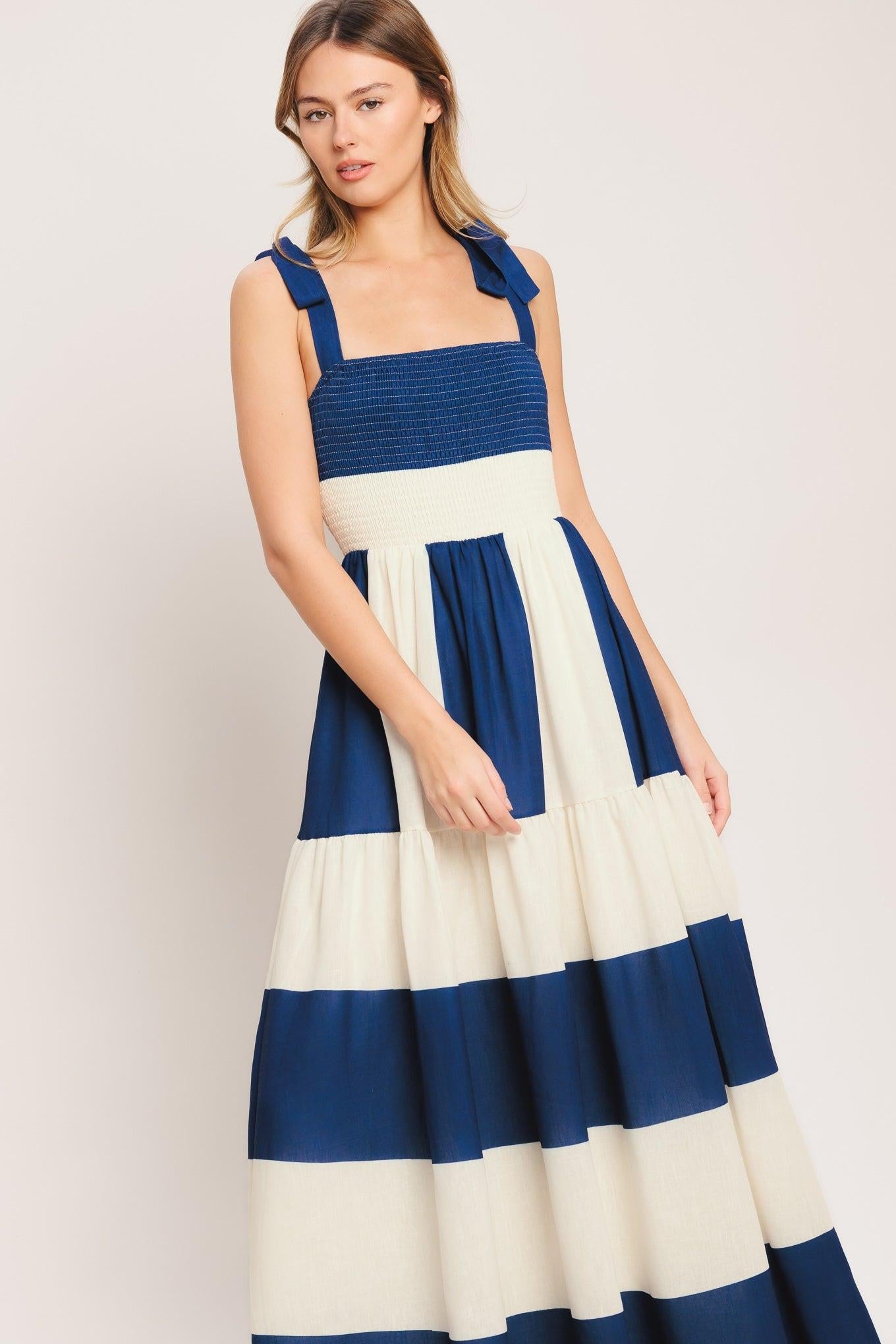 Weekend Coast Woven Maxi Dress in off-white blue, view 2 — Soul Flow Apparel