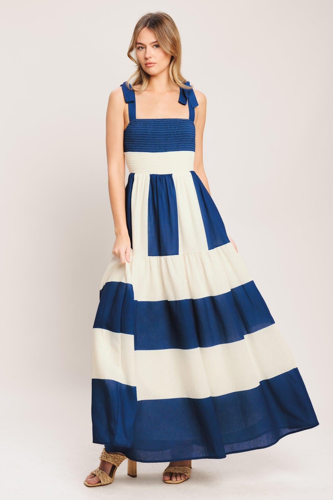 Weekend Coast Woven Maxi Dress in off-white blue, view 3 — Soul Flow Apparel