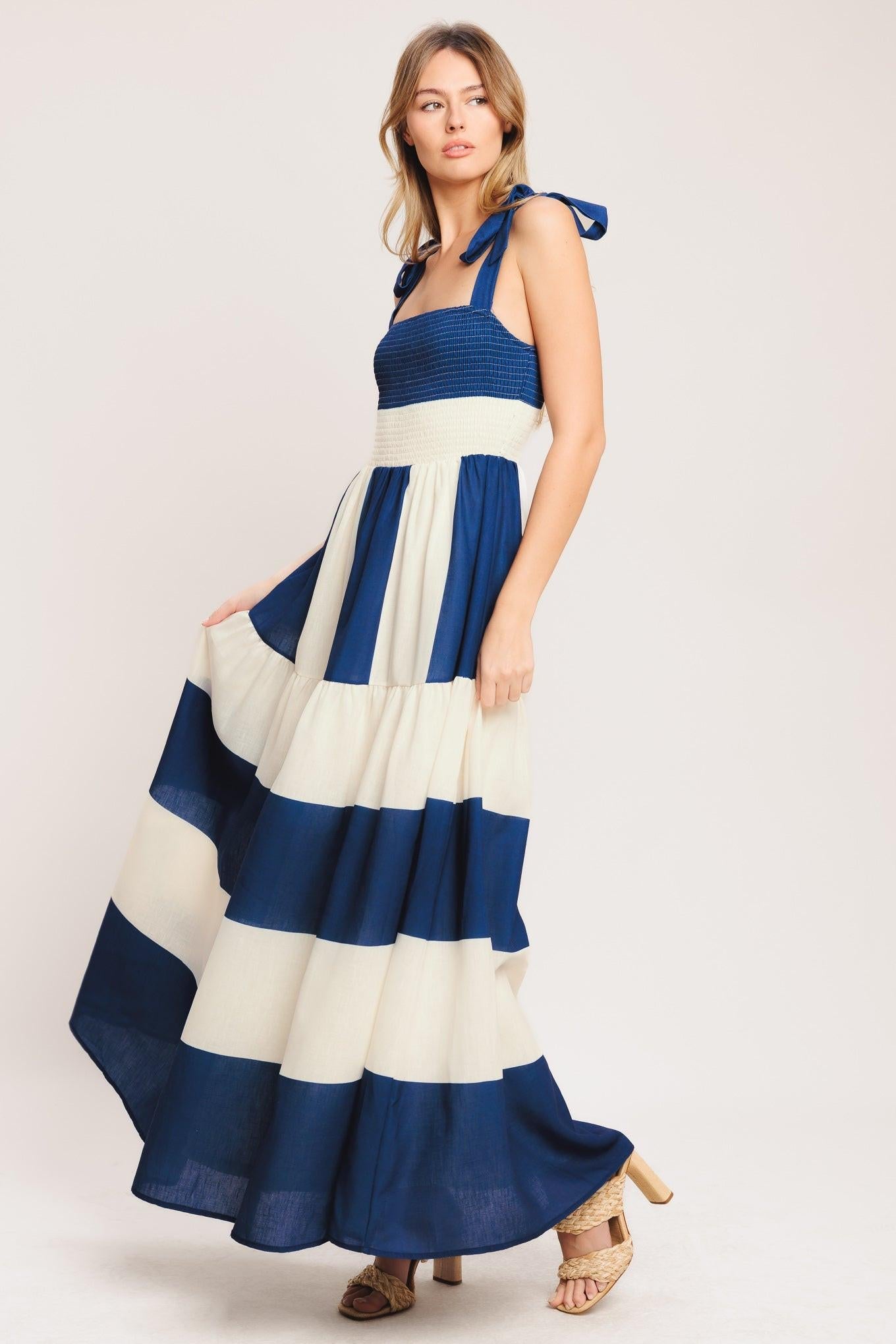 Weekend Coast Woven Maxi Dress in off-white blue, view 4 — Soul Flow Apparel