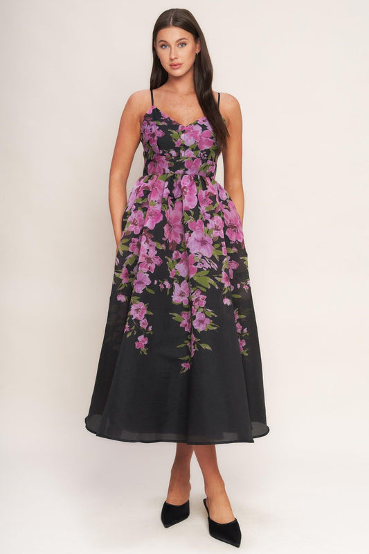 Nightfall Blossom Woven Midi Dress in black, view 1 — Soul Flow Apparel