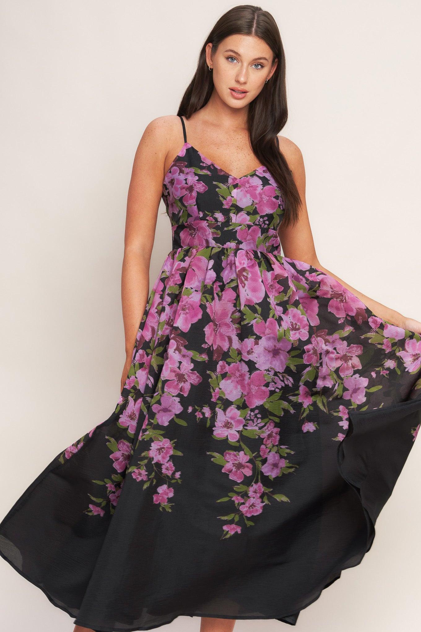 Nightfall Blossom Woven Midi Dress in black, view 2 — Soul Flow Apparel