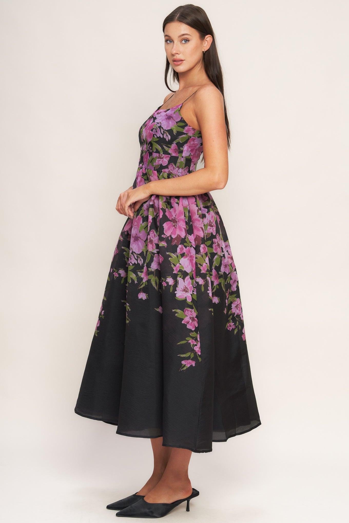 Nightfall Blossom Woven Midi Dress in black, view 3 — Soul Flow Apparel