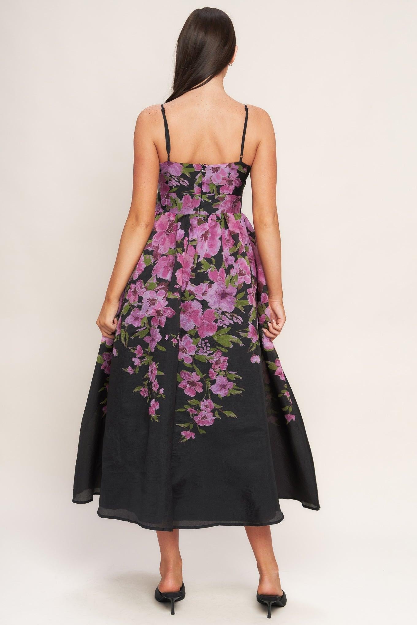 Nightfall Blossom Woven Midi Dress in black, view 4 — Soul Flow Apparel
