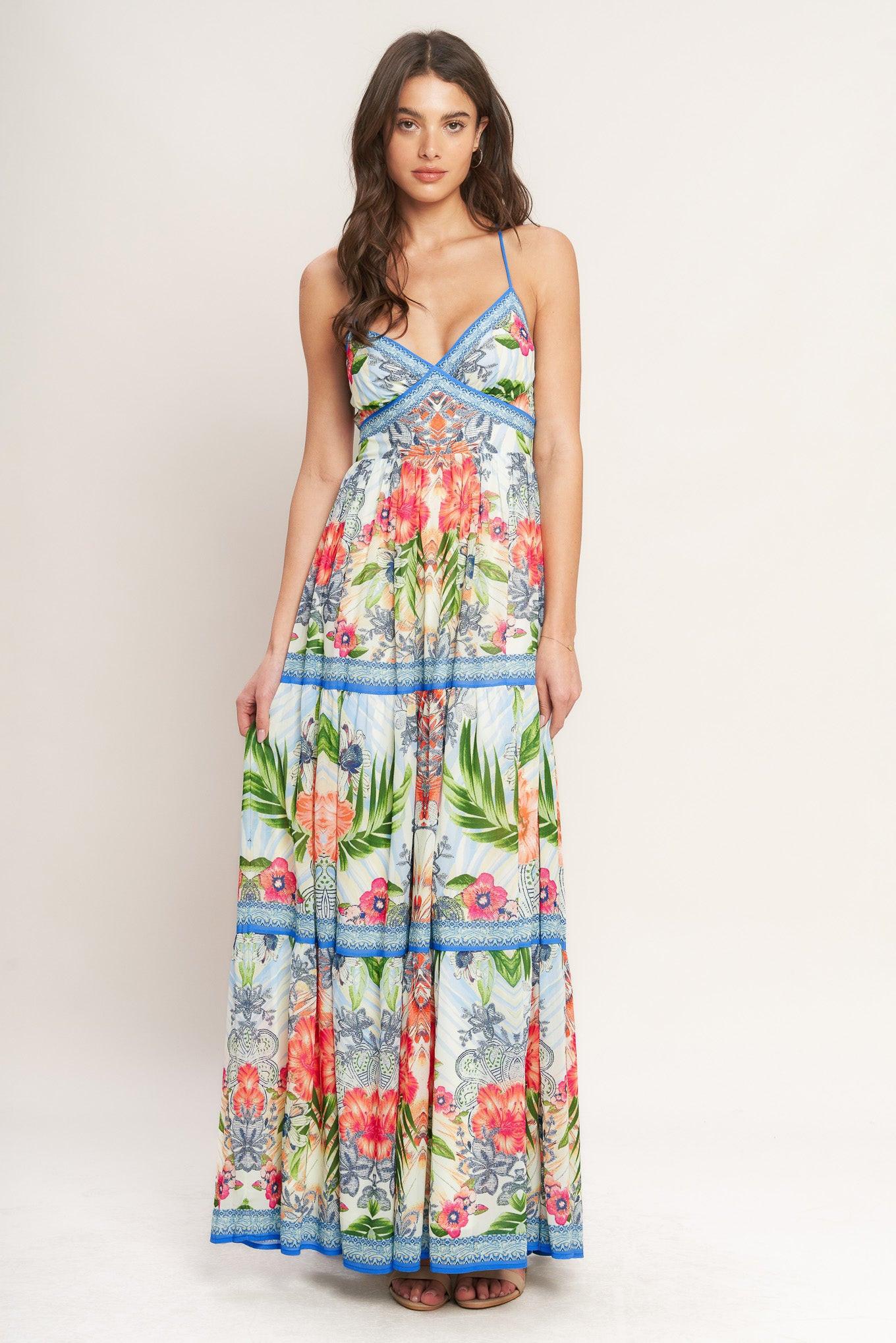 Fresh Botanical Scale Woven Maxi Dress in off-white multi, view 1 — Soul Flow Apparel