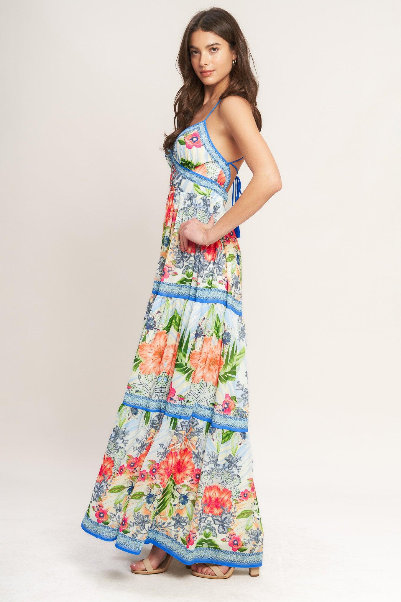 Fresh Botanical Scale Woven Maxi Dress in off-white multi, view 3 — Soul Flow Apparel