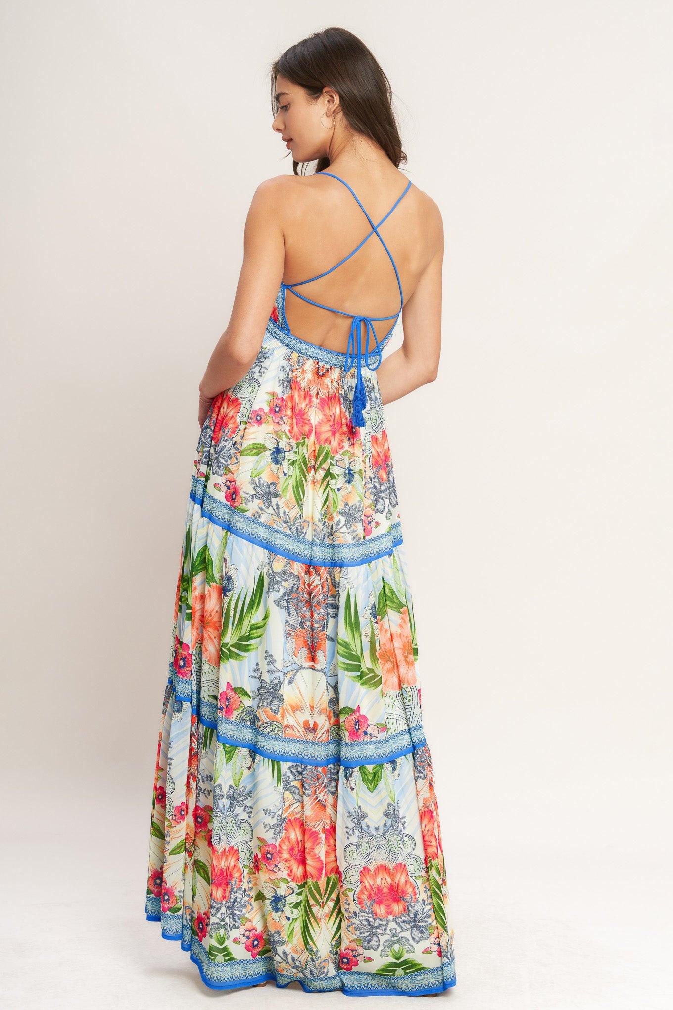 Fresh Botanical Scale Woven Maxi Dress in off-white multi, view 4 — Soul Flow Apparel
