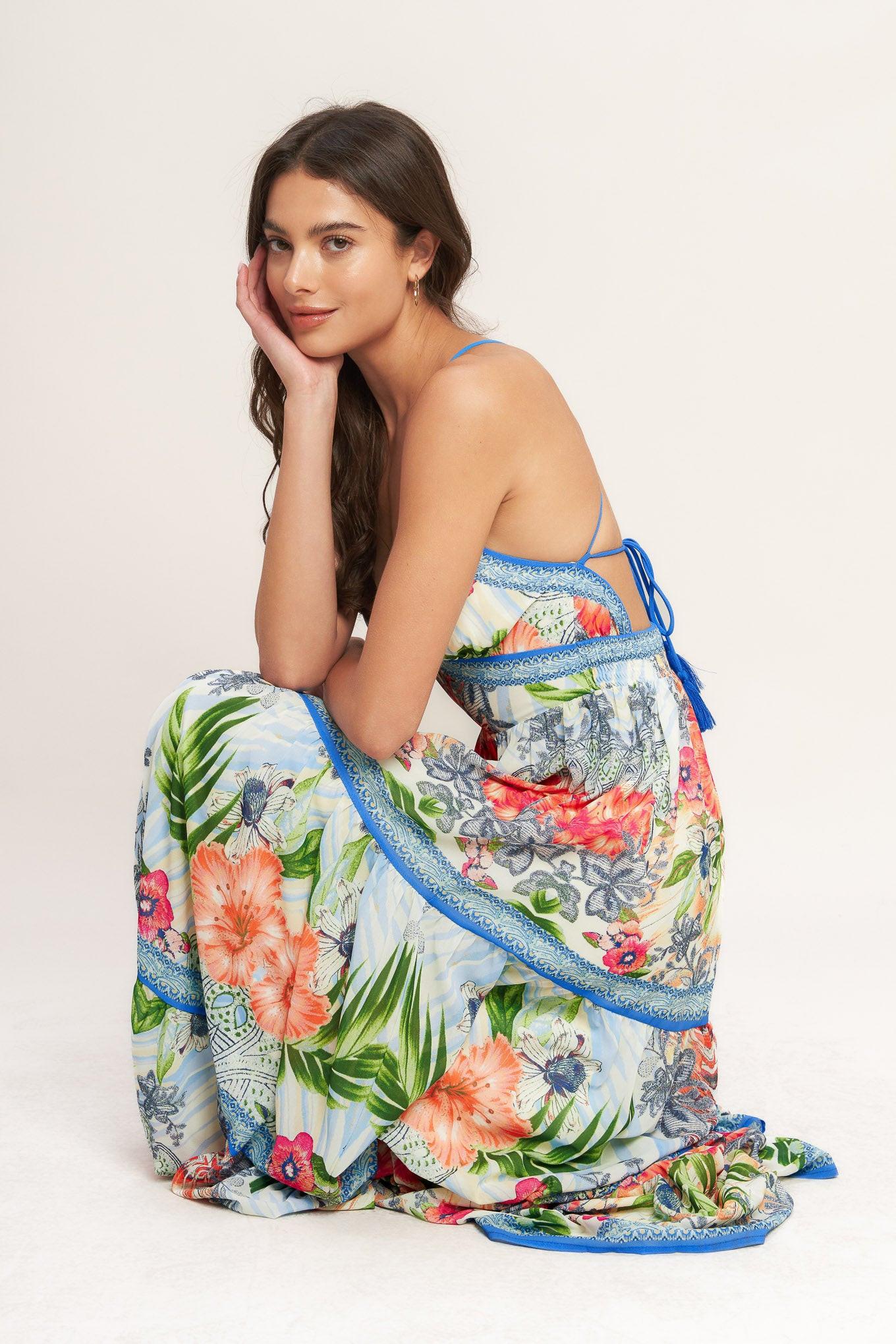 Fresh Botanical Scale Woven Maxi Dress in off-white multi, view 7 — Soul Flow Apparel