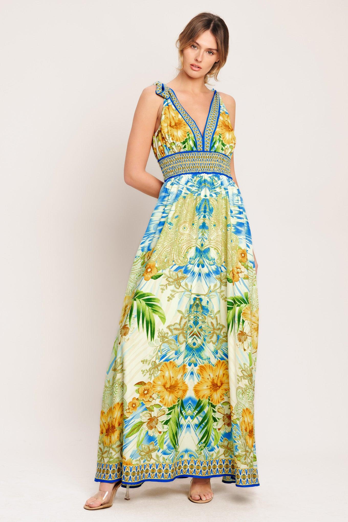 Resort Opulence Woven Maxi Dress in blue multi, view 1 — Soul Flow Apparel