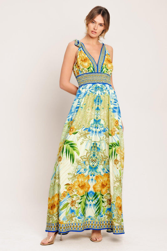 Resort Opulence Woven Maxi Dress in blue multi, view 1 — Soul Flow Apparel
