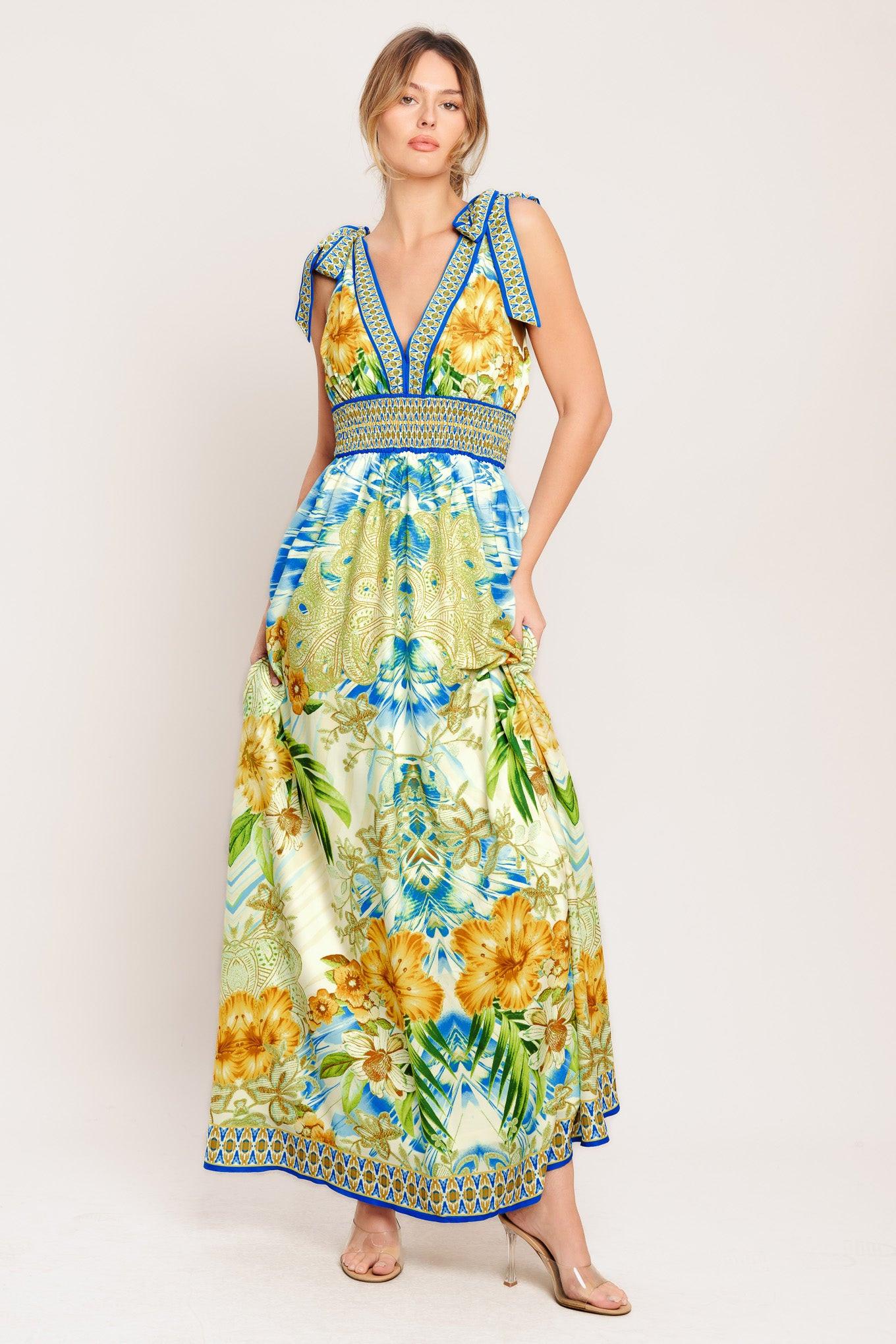 Resort Opulence Woven Maxi Dress in blue multi, view 2 — Soul Flow Apparel