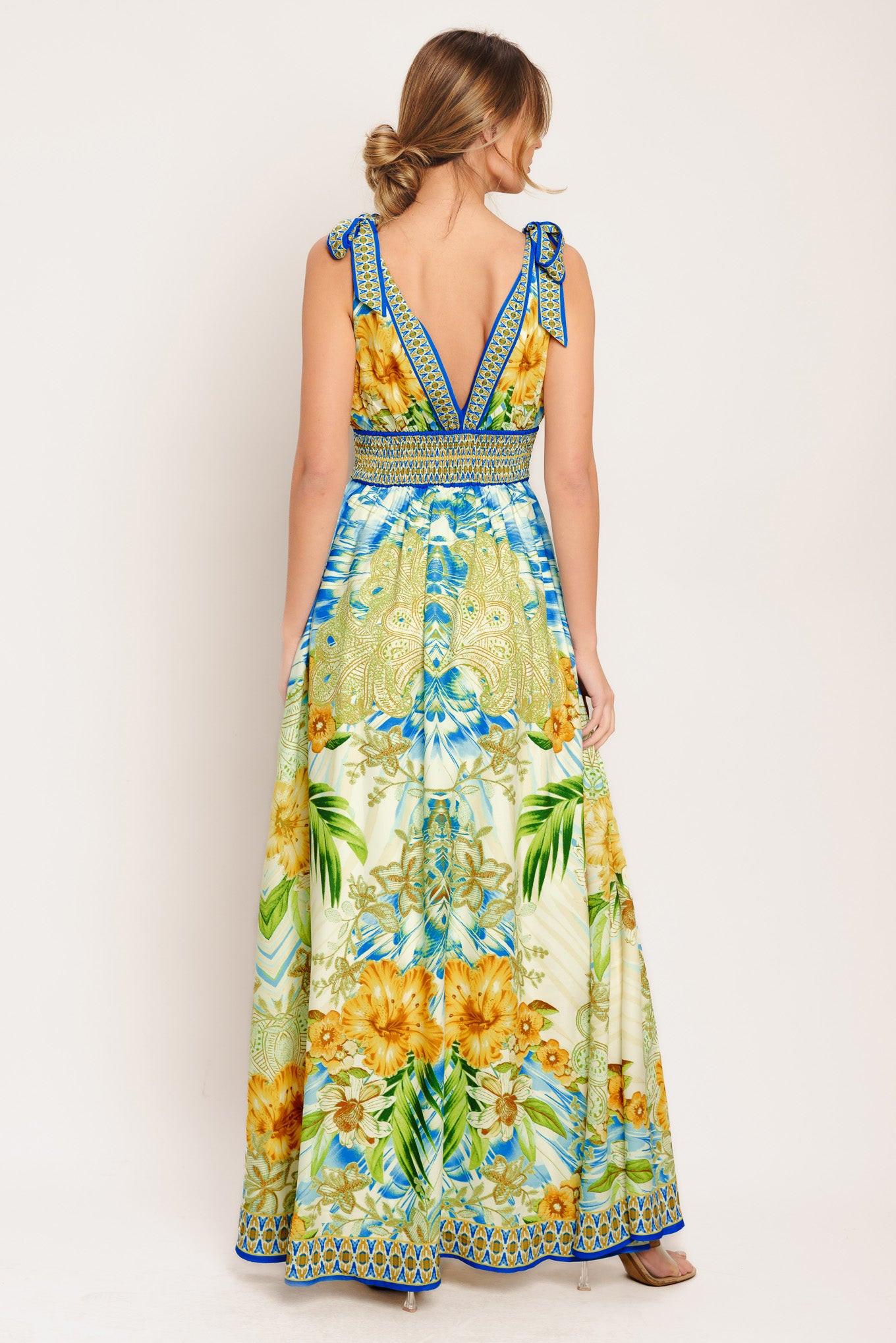 Resort Opulence Woven Maxi Dress in blue multi, view 3 — Soul Flow Apparel