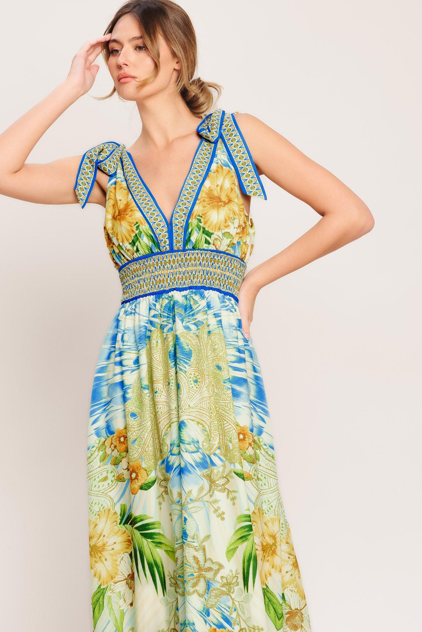 Resort Opulence Woven Maxi Dress in blue multi, view 4 — Soul Flow Apparel