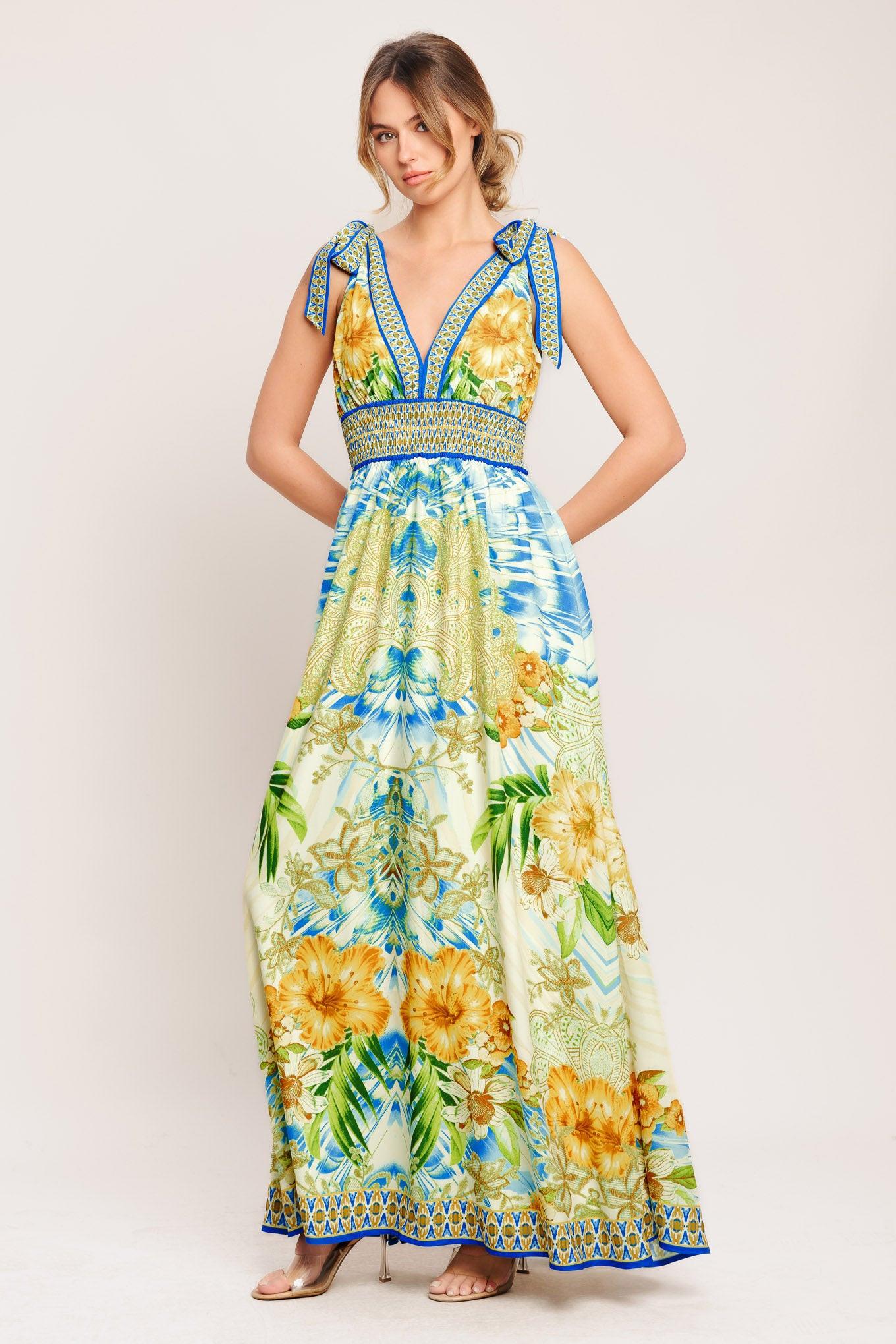 Resort Opulence Woven Maxi Dress in blue multi, view 5 — Soul Flow Apparel
