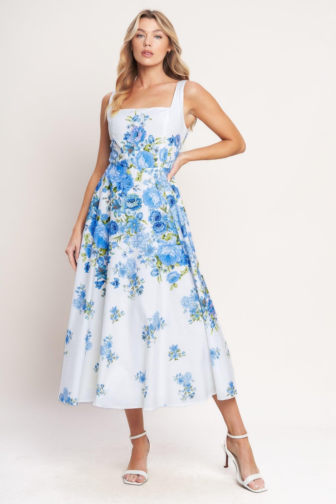 Classic Bloom Day Woven Midi Dress in white blue, view 1 — Soul Flow Apparel