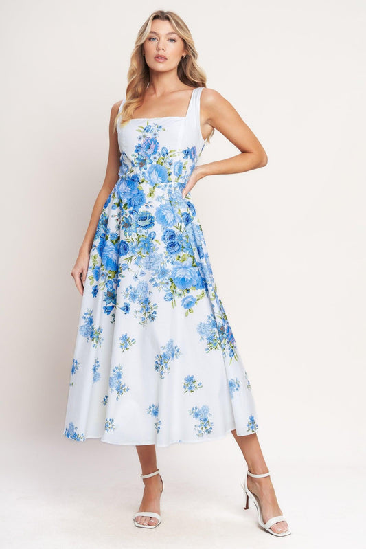 Classic Bloom Day Woven Midi Dress in white blue, view 1 — Soul Flow Apparel