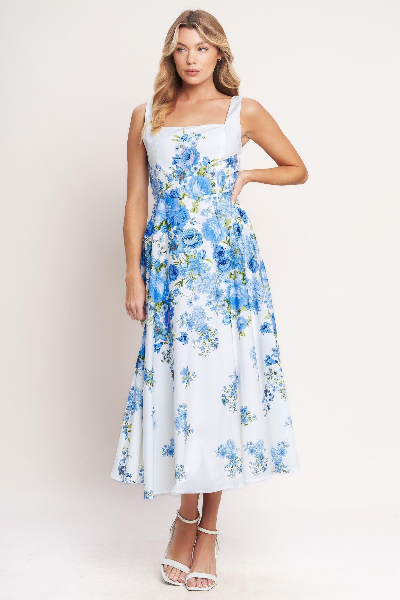 Classic Bloom Day Woven Midi Dress in white blue, view 2 — Soul Flow Apparel