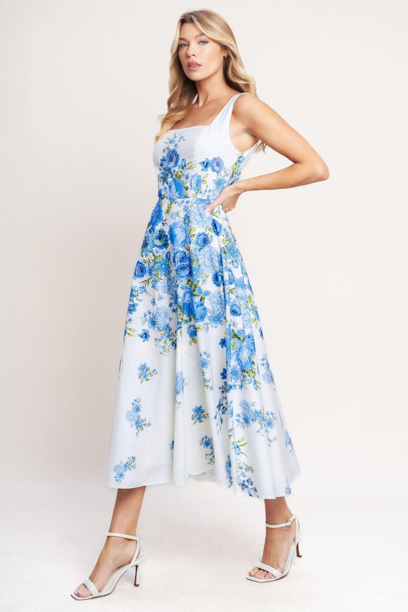 Classic Bloom Day Woven Midi Dress in white blue, view 4 — Soul Flow Apparel