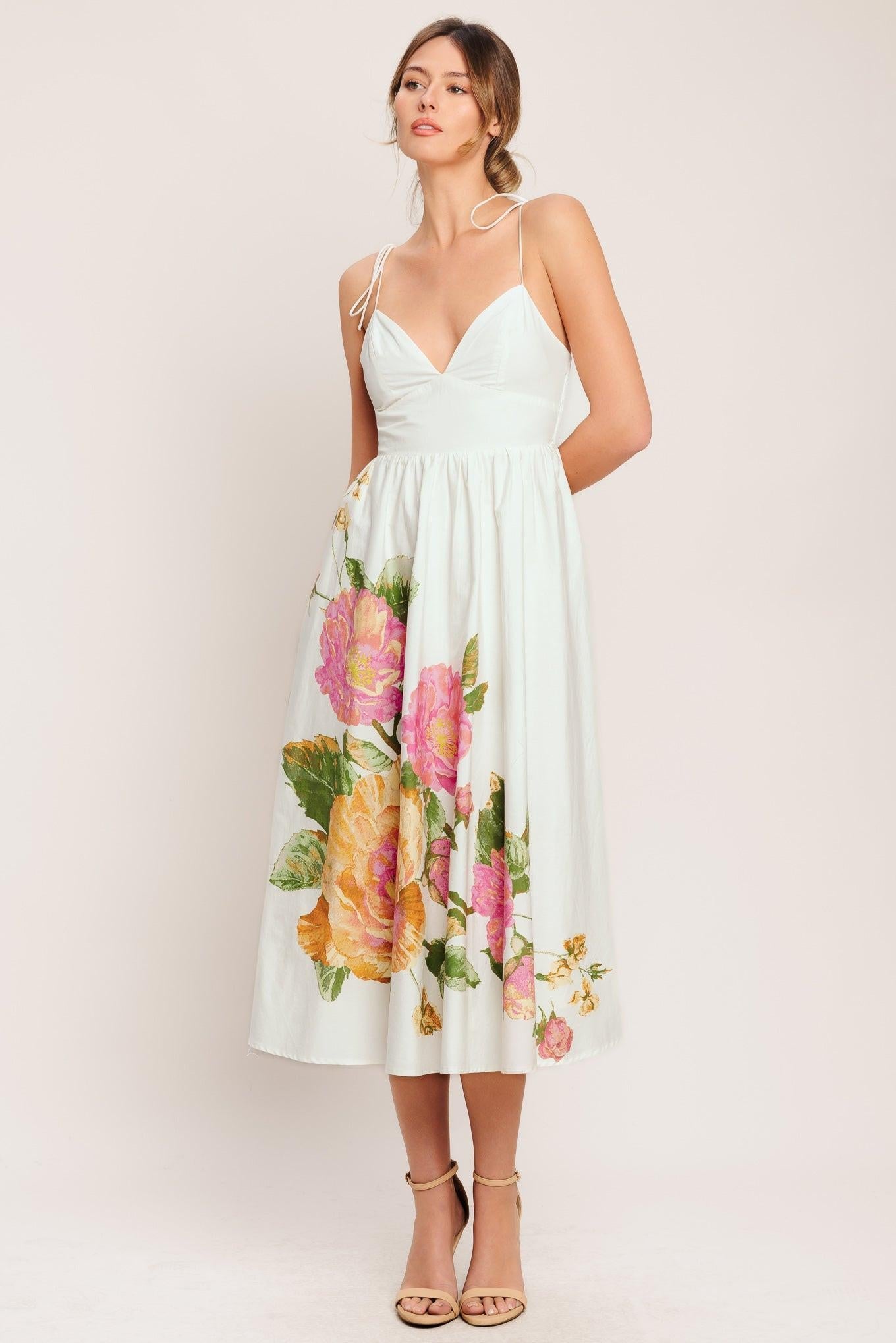 Poetic Bloom Woven Midi Dress in ivory, view 1 — Soul Flow Apparel
