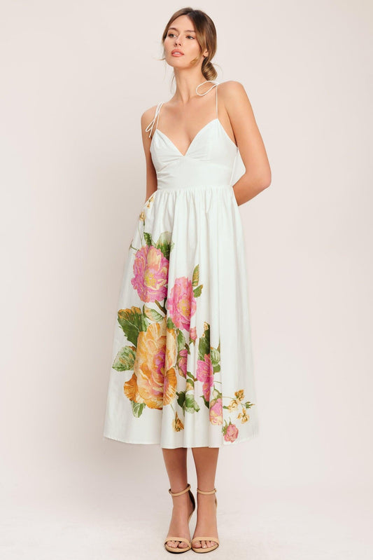Poetic Bloom Woven Midi Dress in ivory, view 1 — Soul Flow Apparel