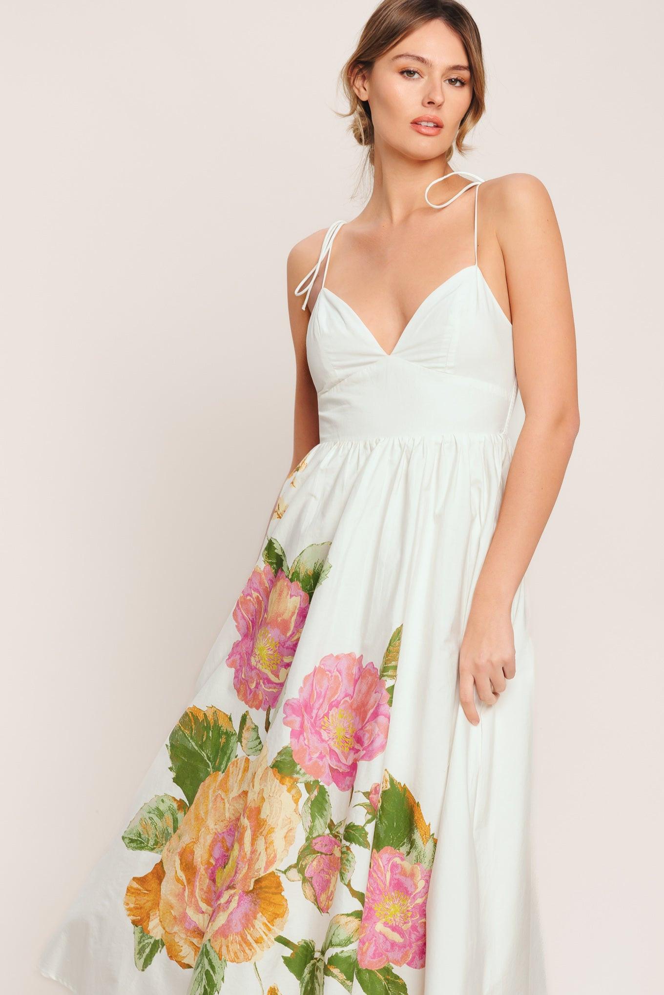 Poetic Bloom Woven Midi Dress in ivory, view 3 — Soul Flow Apparel