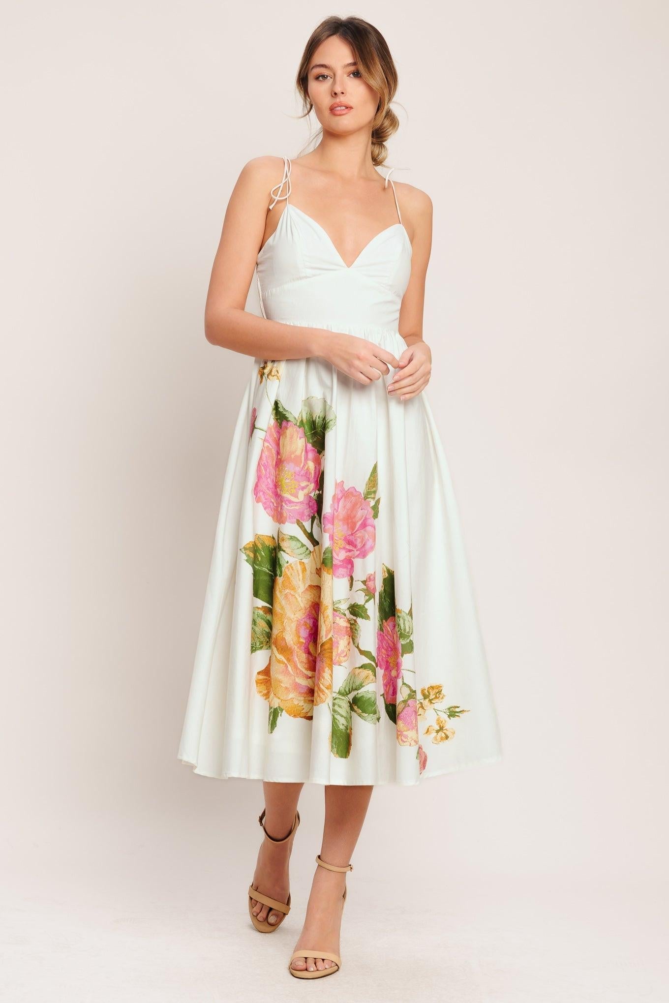 Poetic Bloom Woven Midi Dress in ivory, view 4 — Soul Flow Apparel