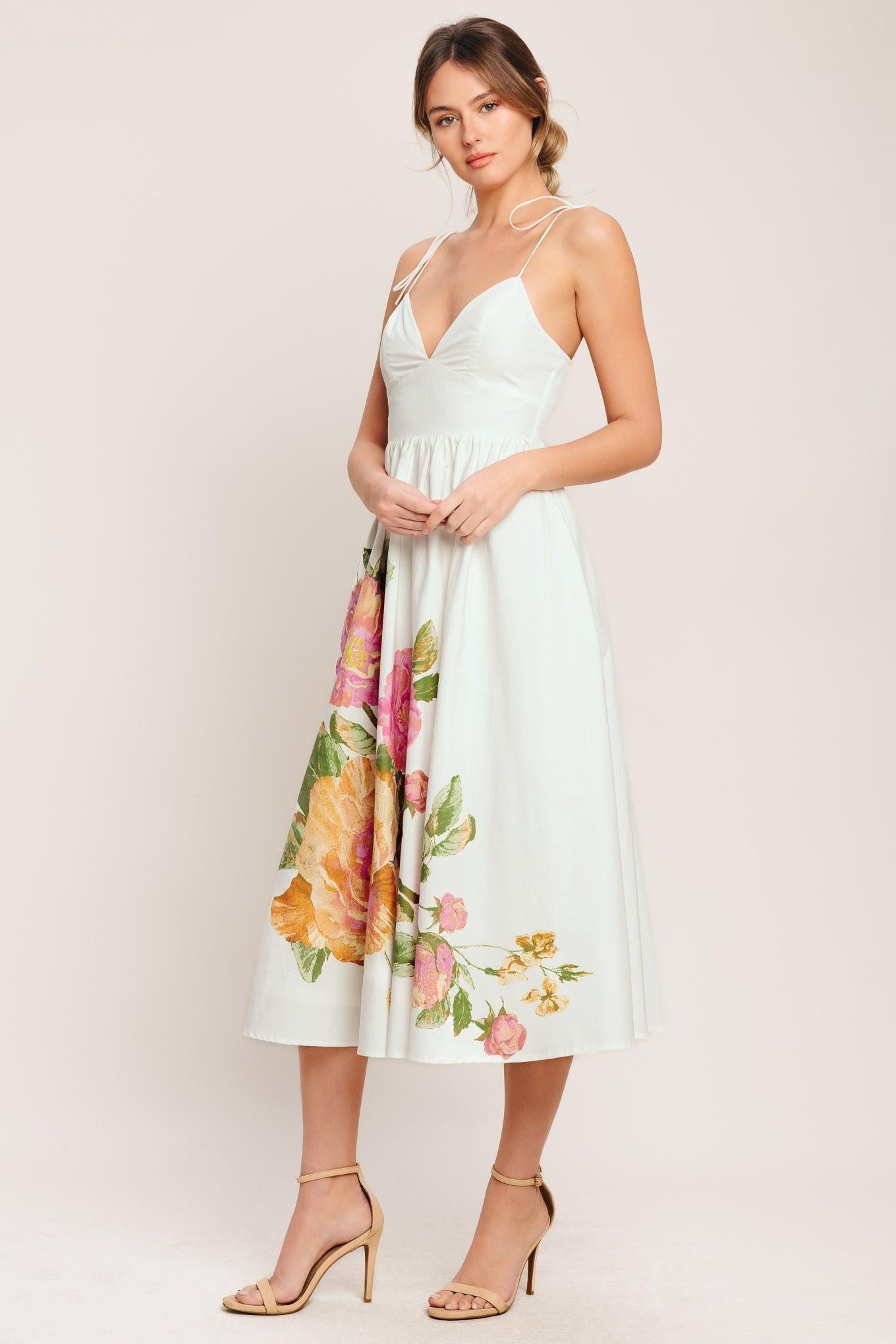 Poetic Bloom Woven Midi Dress in ivory, view 5 — Soul Flow Apparel