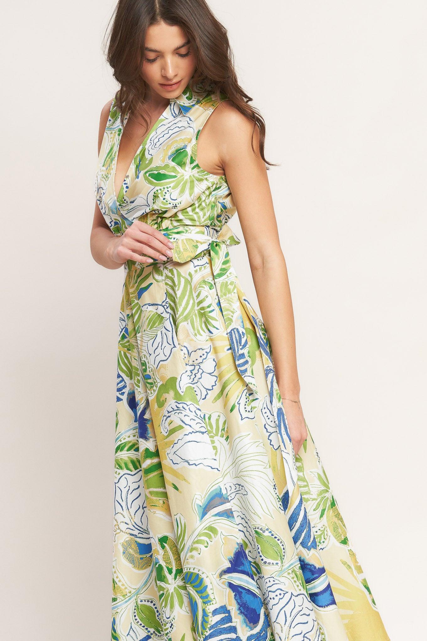 Lagoon Flow Woven Midi Dress in light yellow, view 1 — Soul Flow Apparel