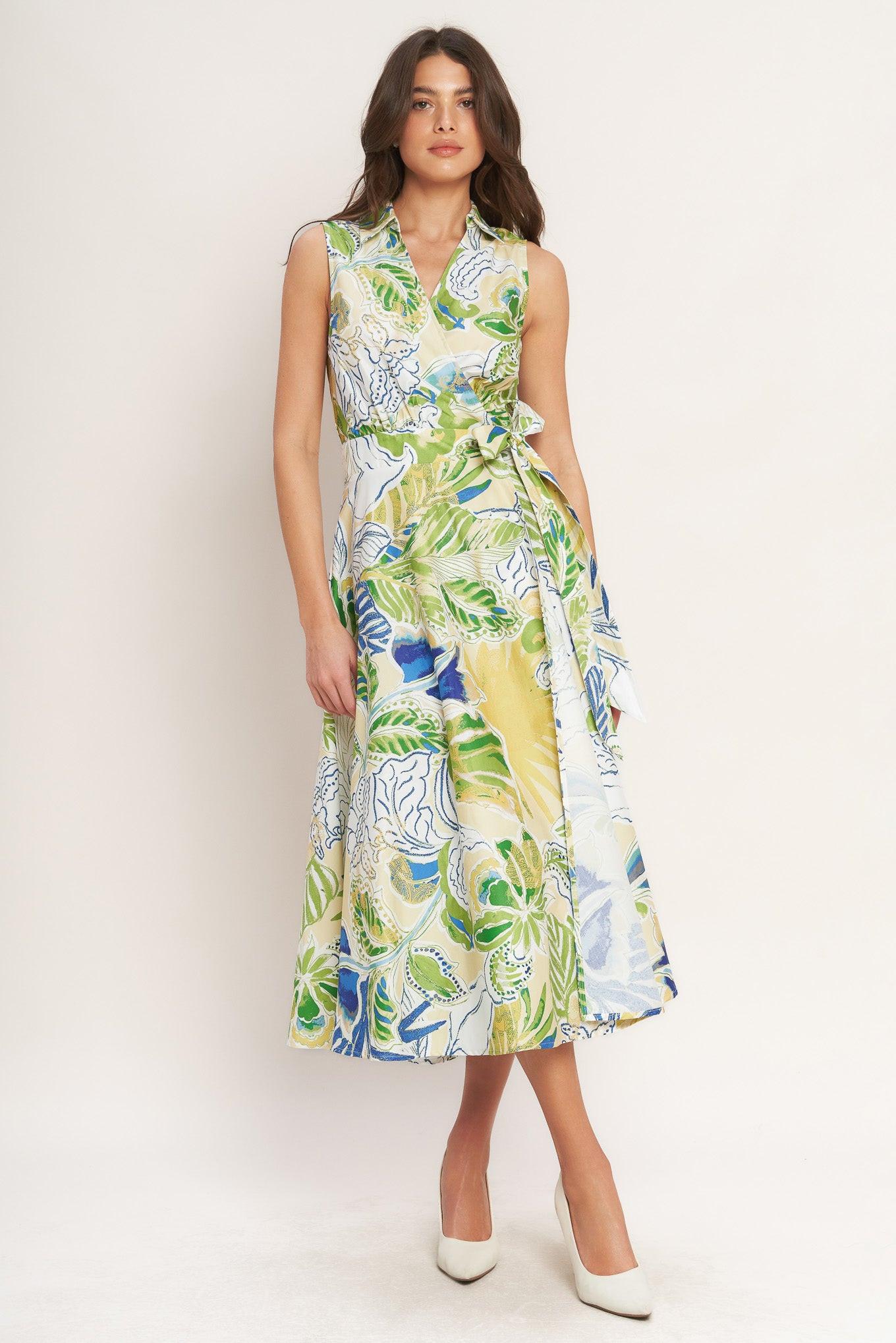 Lagoon Flow Woven Midi Dress in light yellow, view 2 — Soul Flow Apparel