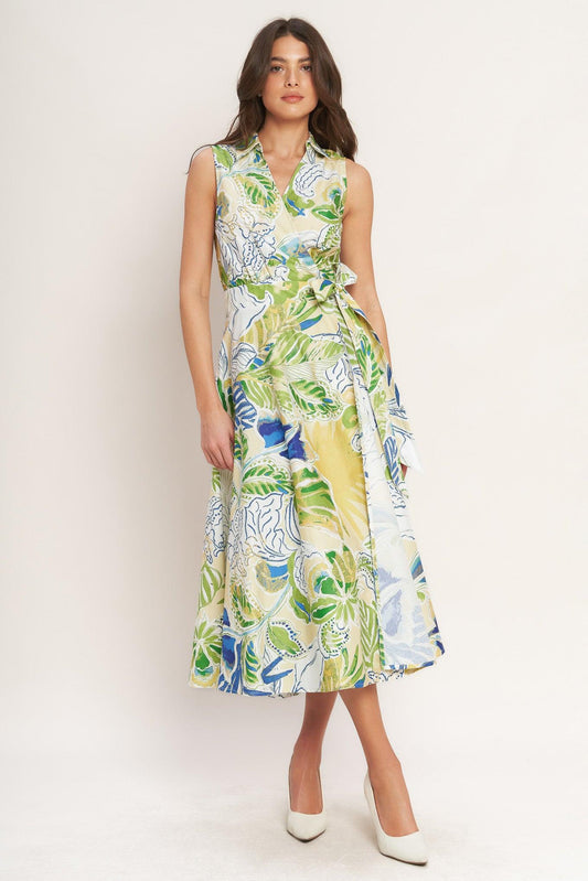 Lagoon Flow Woven Midi Dress in light yellow, view 2 — Soul Flow Apparel