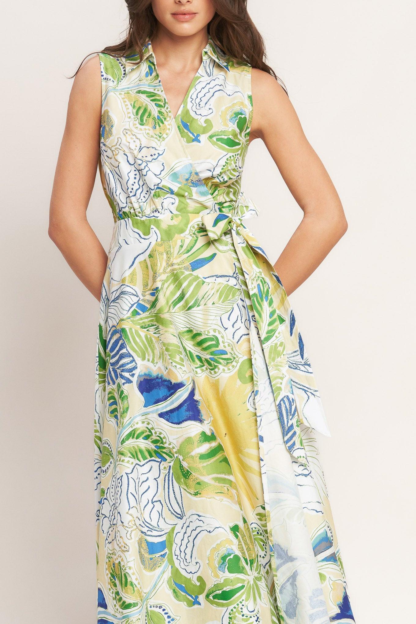 Lagoon Flow Woven Midi Dress in light yellow, view 3 — Soul Flow Apparel
