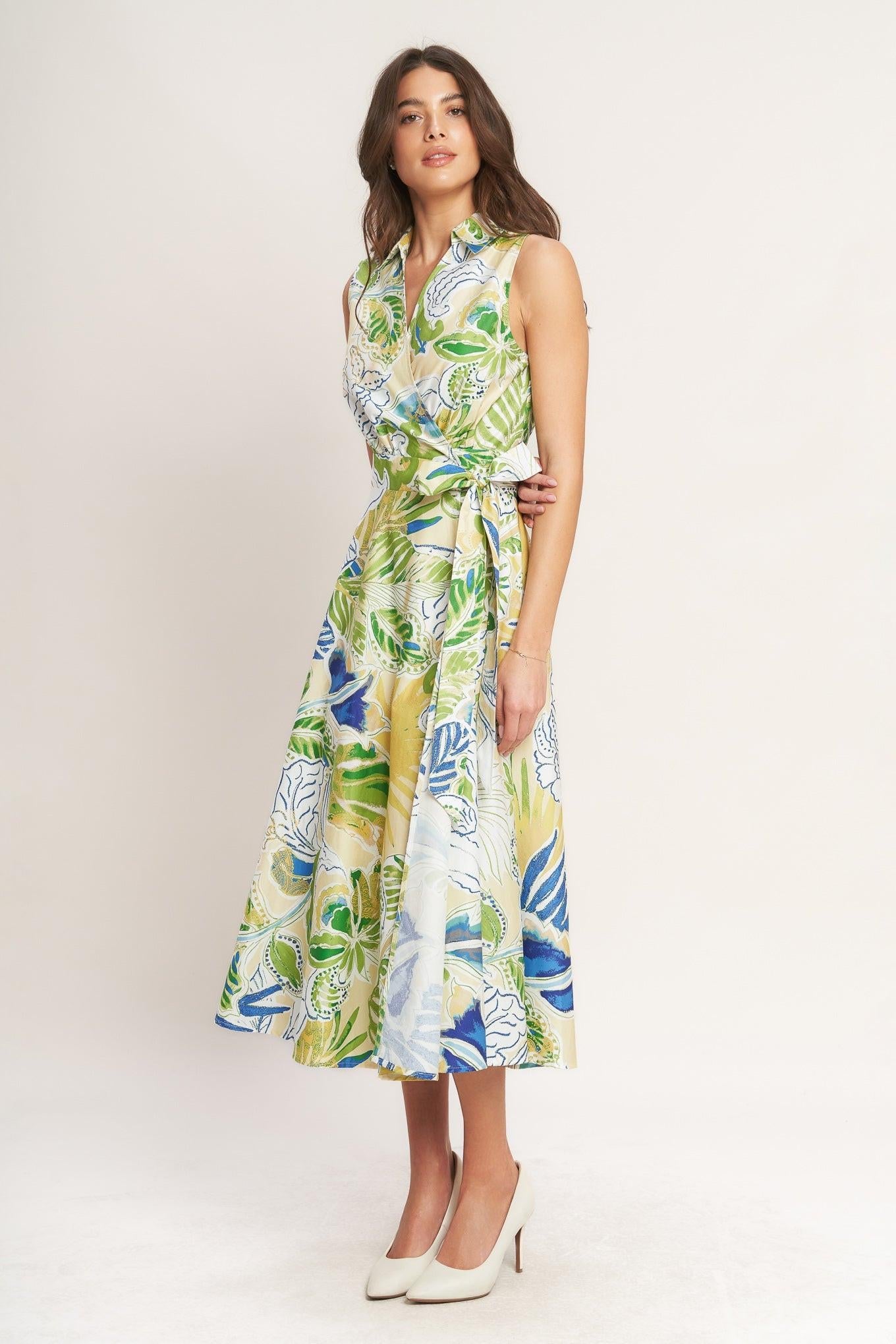Lagoon Flow Woven Midi Dress in light yellow, view 4 — Soul Flow Apparel