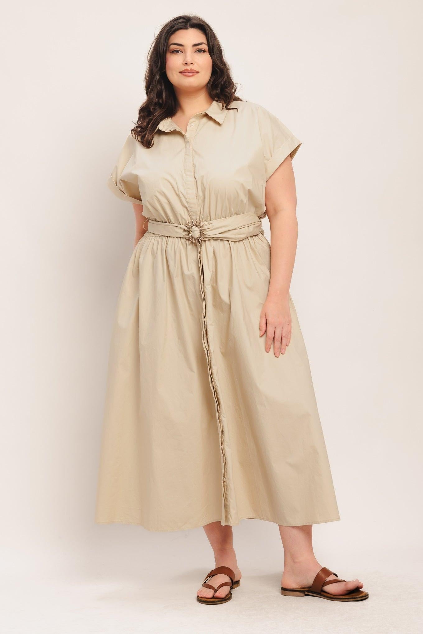 Bare Elegance Woven Midi Dress in taupe, view 11 — Soul Flow Apparel