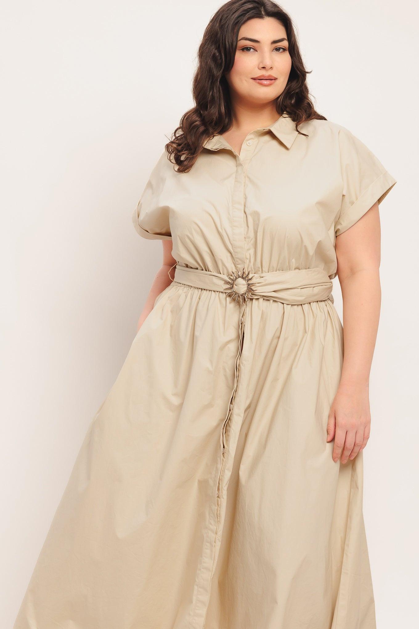 Bare Elegance Woven Midi Dress in taupe, view 8 — Soul Flow Apparel