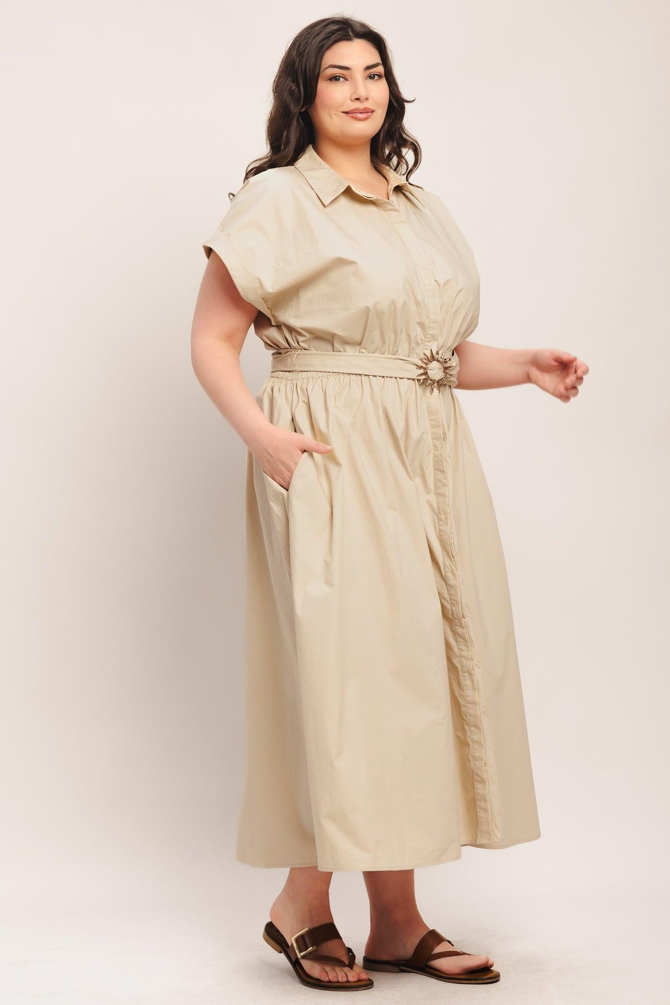 Bare Elegance Woven Midi Dress in taupe, view 7 — Soul Flow Apparel