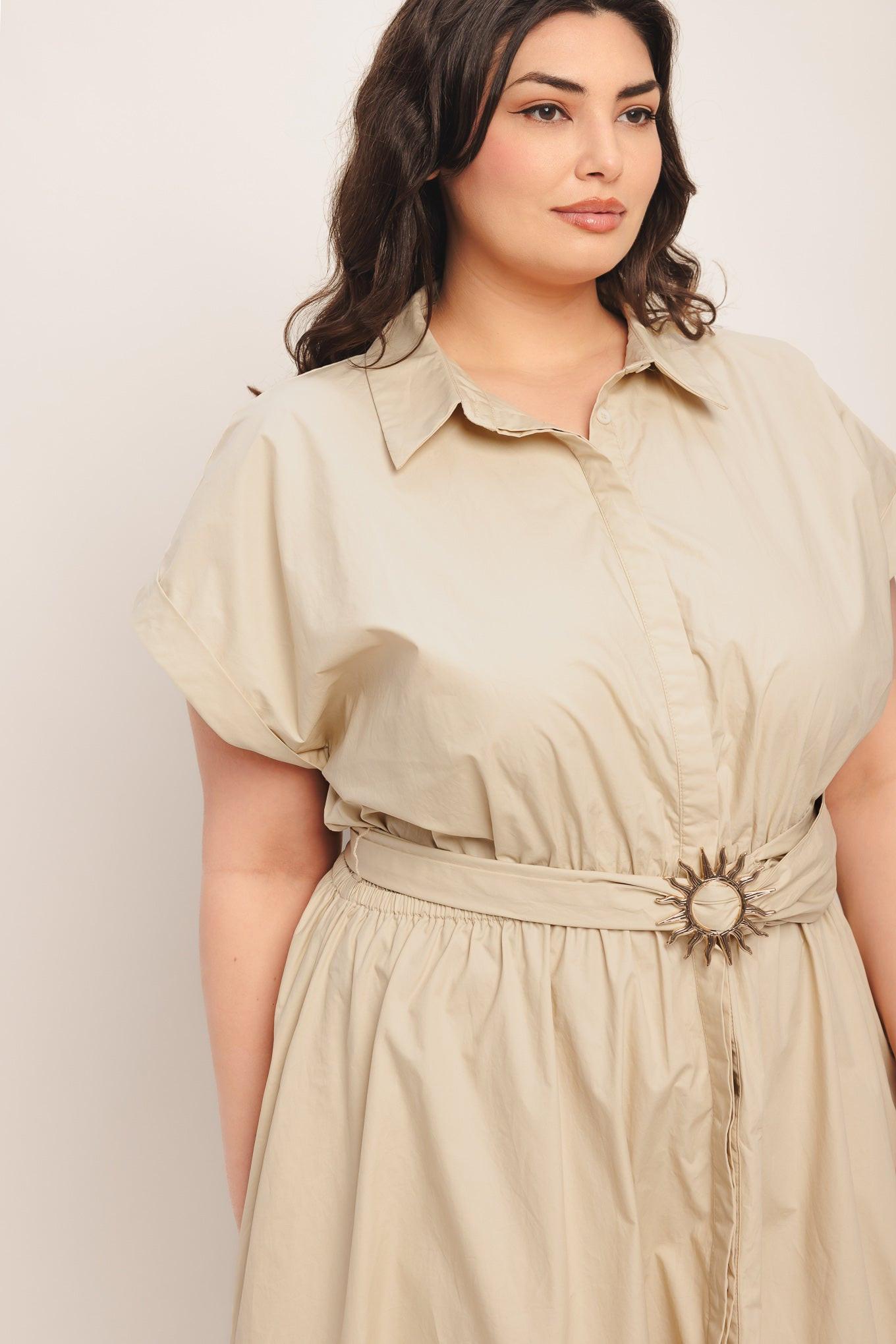 Bare Elegance Woven Midi Dress in taupe, view 9 — Soul Flow Apparel