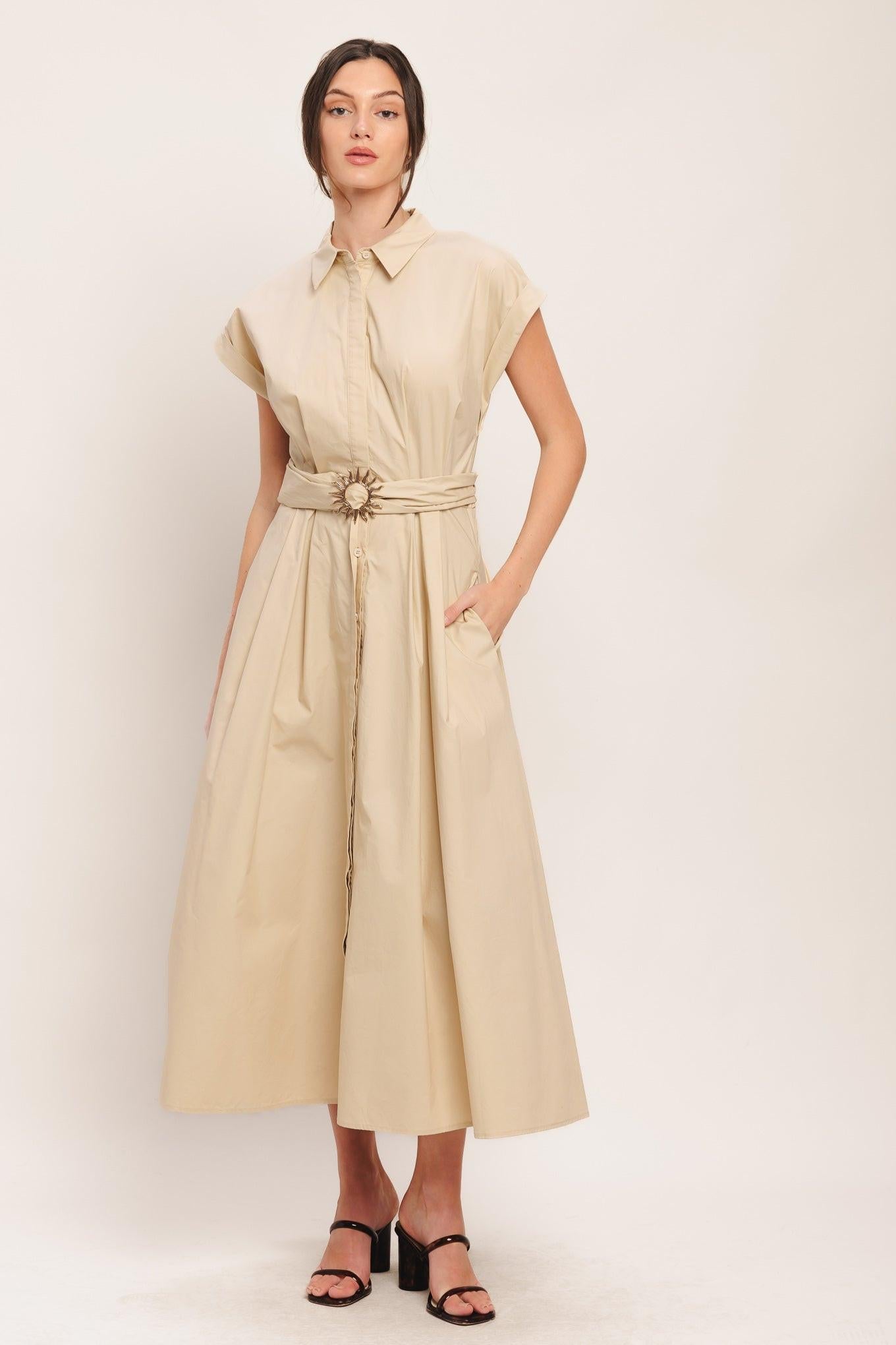Bare Elegance Woven Midi Dress in taupe, view 1 — Soul Flow Apparel