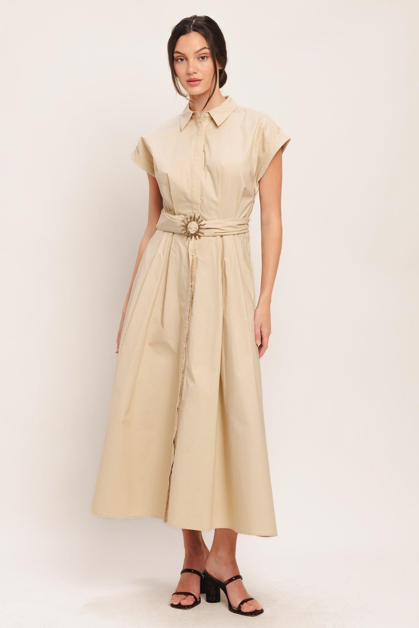 Bare Elegance Woven Midi Dress in taupe, view 2 — Soul Flow Apparel