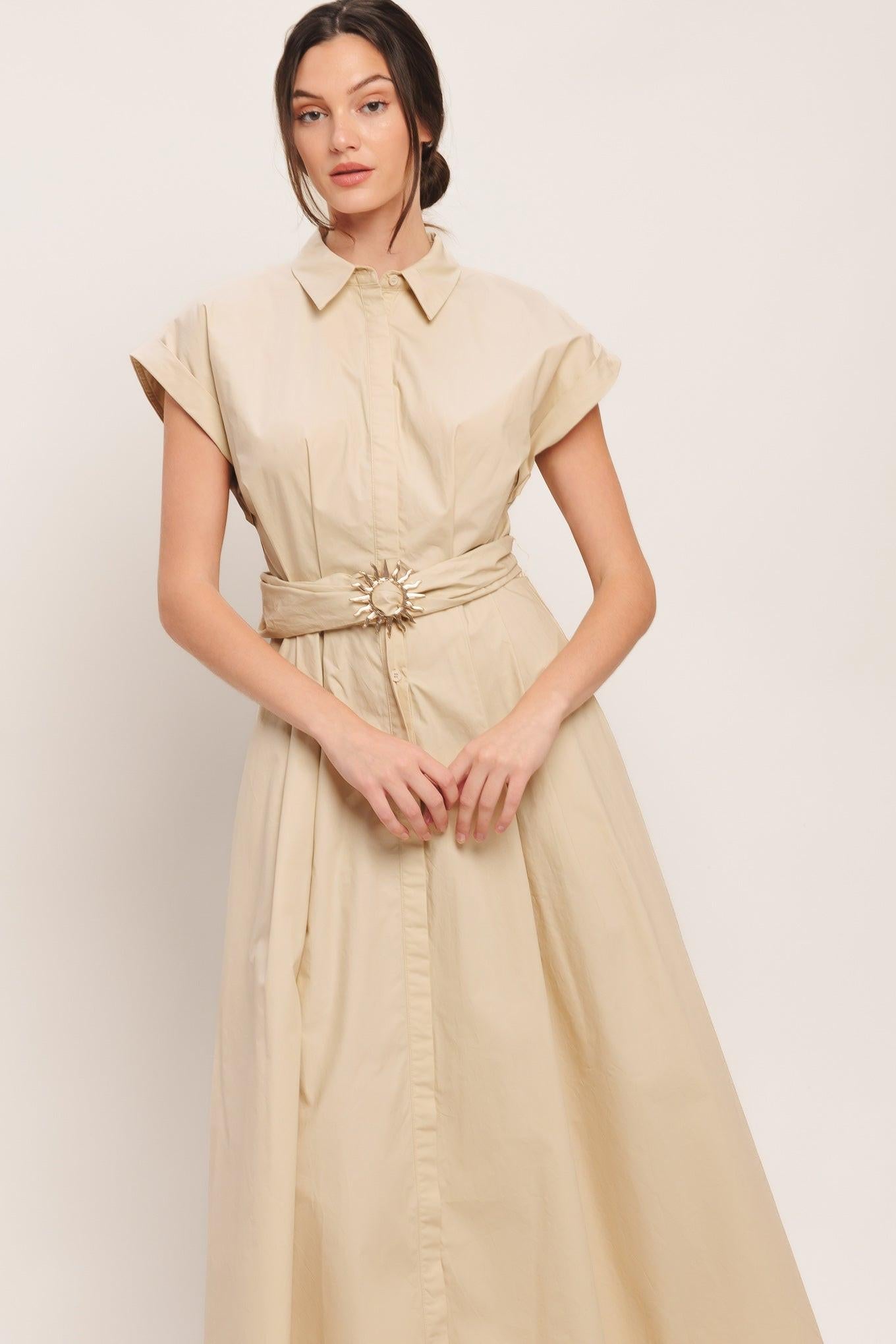 Bare Elegance Woven Midi Dress in taupe, view 3 — Soul Flow Apparel