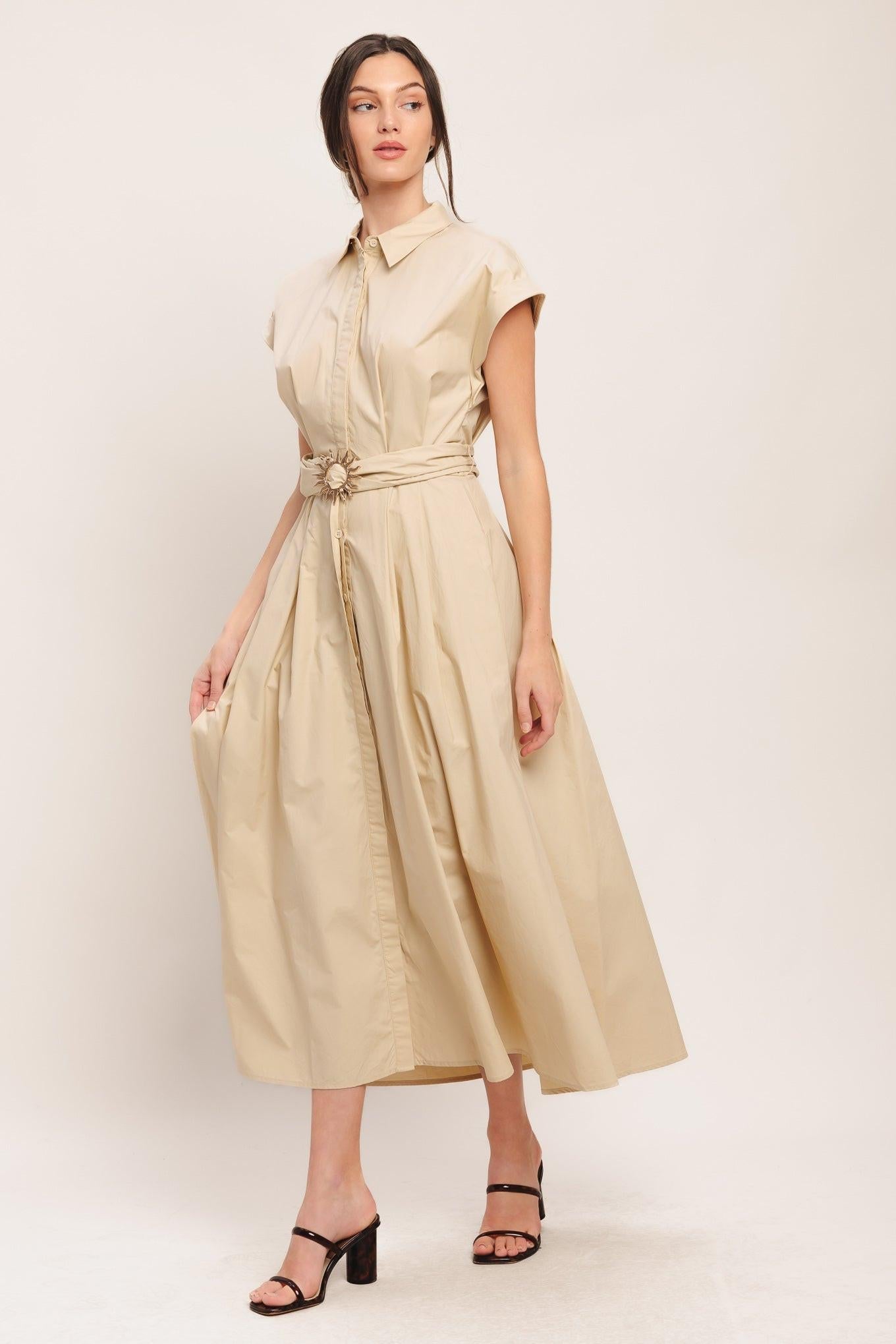 Bare Elegance Woven Midi Dress in taupe, view 4 — Soul Flow Apparel