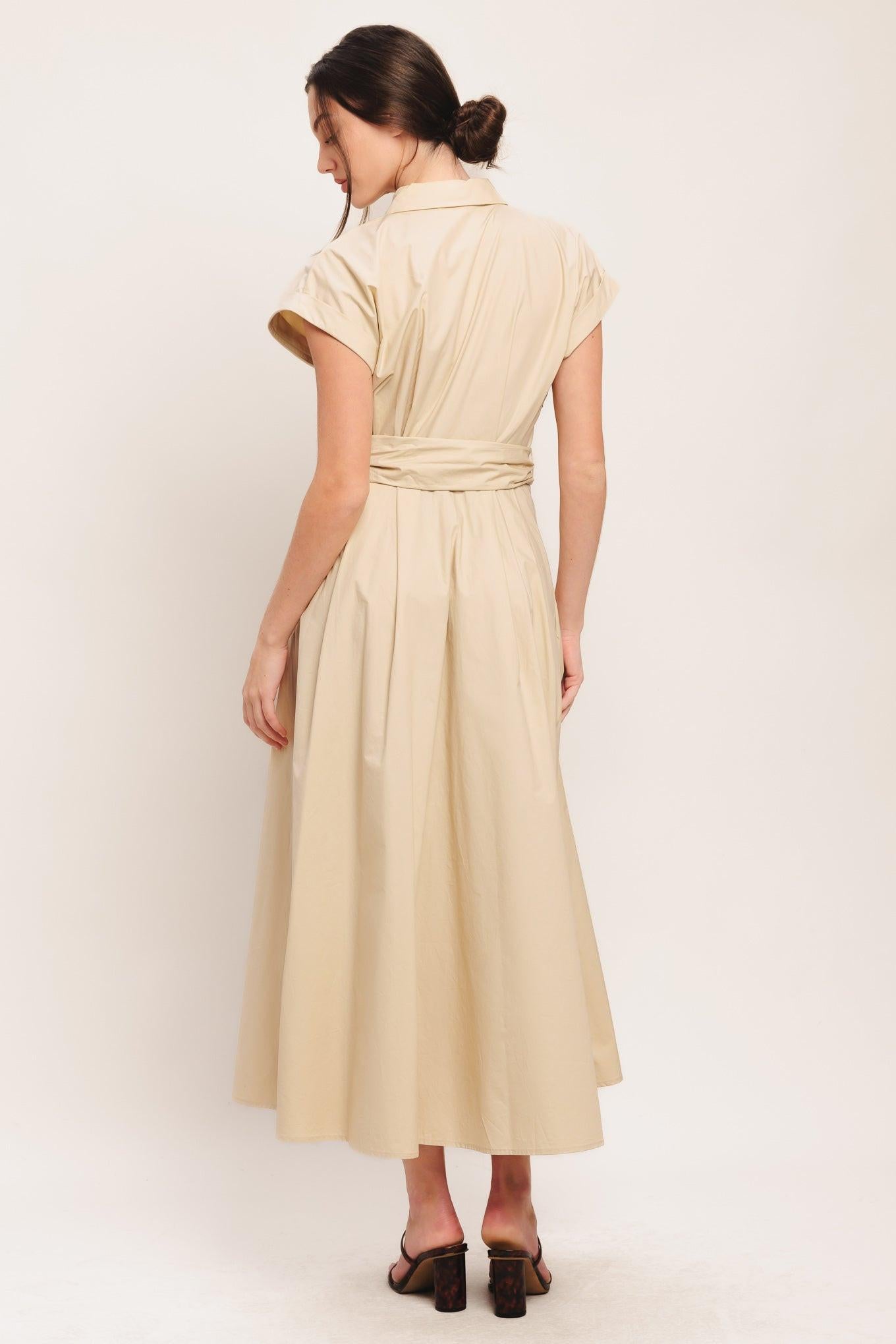 Bare Elegance Woven Midi Dress in taupe, view 6 — Soul Flow Apparel