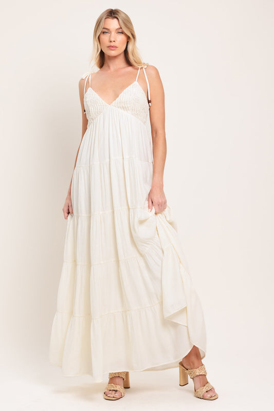 Azure Reverie Woven Maxi Dress in cream, view 2 — Soul Flow Apparel