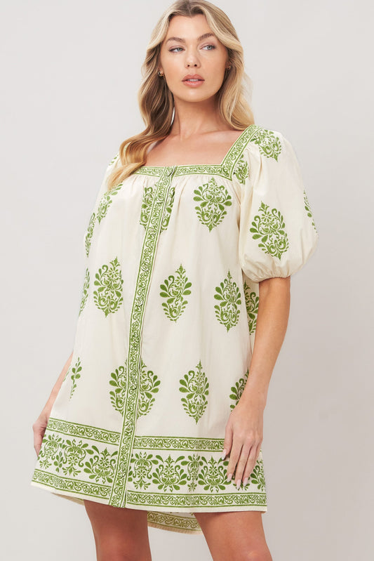 Sweet Meadow Woven Mini Dress in ivory green, view 2 — Soul Flow Apparel