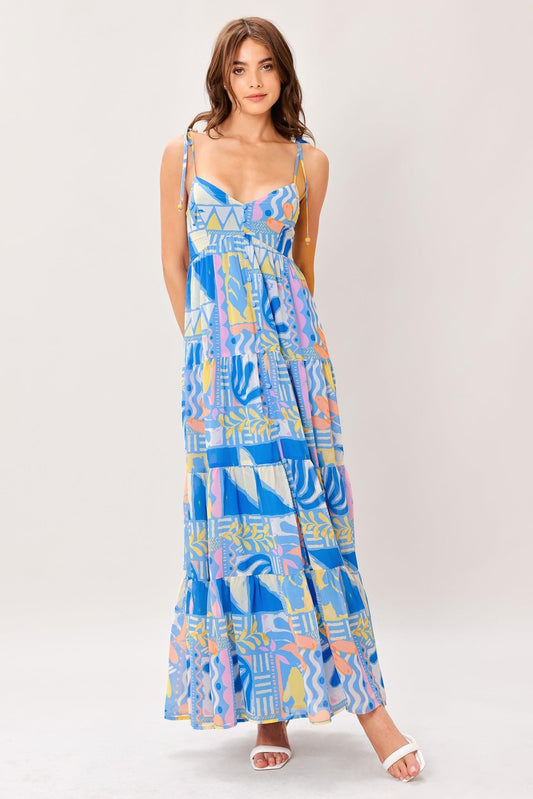 Seaside Love Flow Woven Maxi Dress in blue multi, view 6 — Soul Flow Apparel