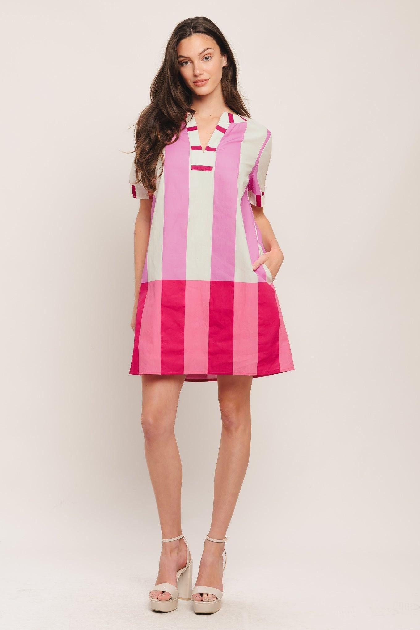 Fresh Pink Woven Mini Dress in ivory multi, view 2 — Soul Flow Apparel
