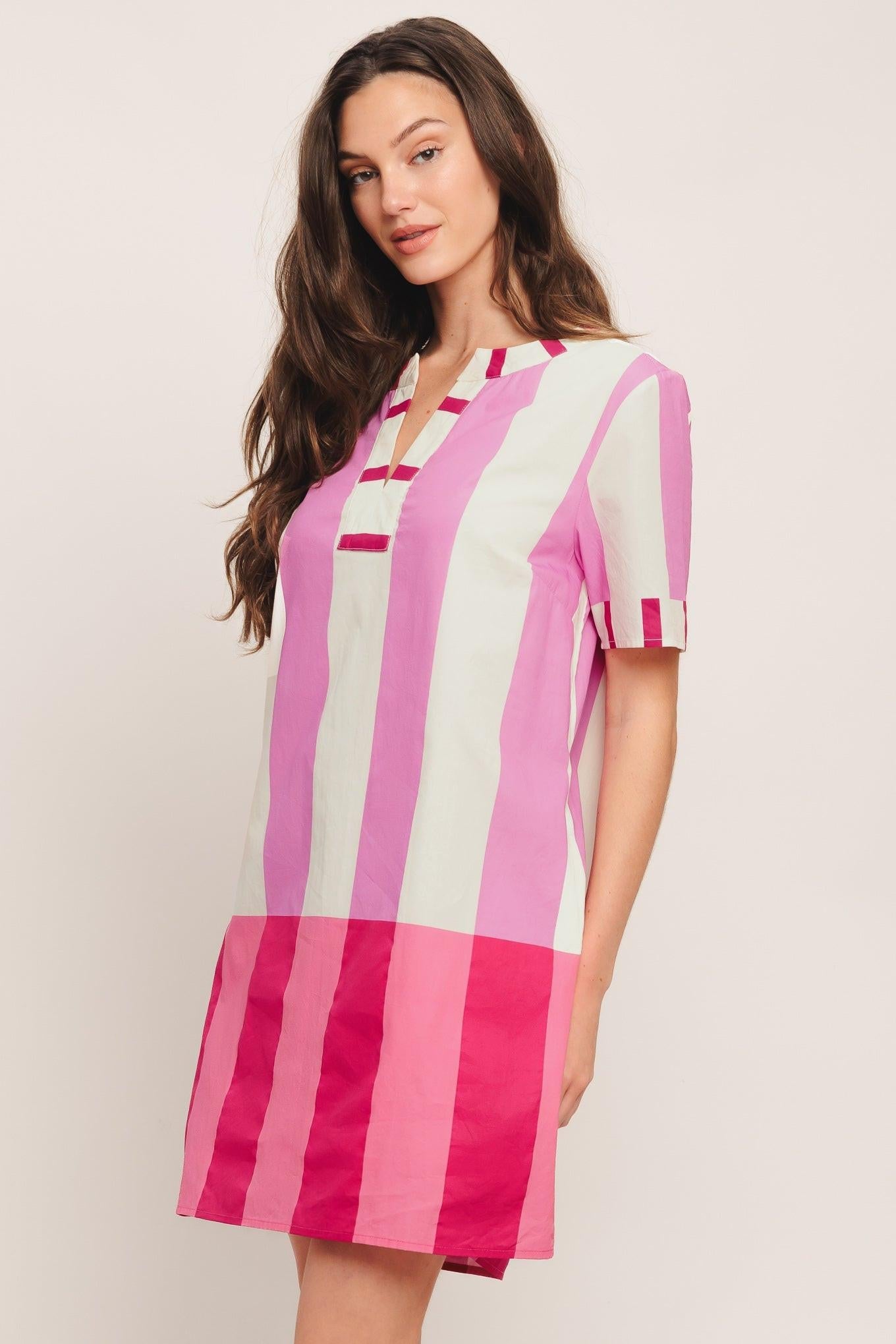 Fresh Pink Woven Mini Dress in ivory multi, view 3 — Soul Flow Apparel
